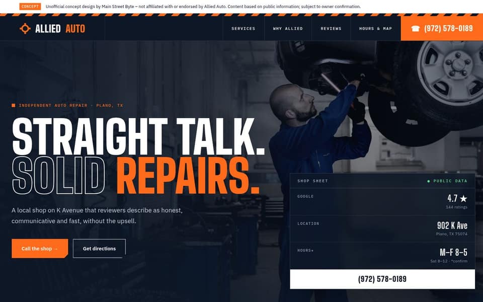 Screenshot of a concept homepage for an auto repair shop