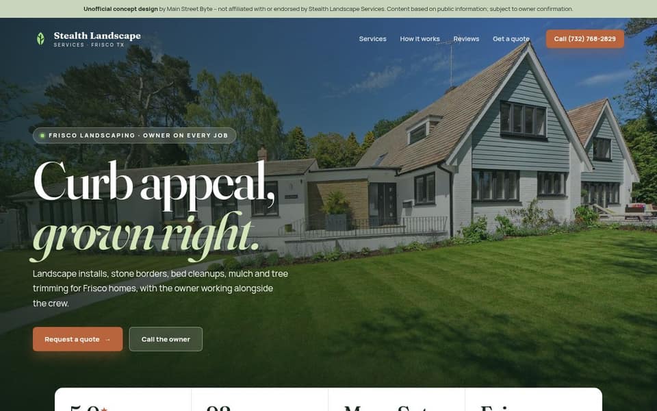 Screenshot of a concept homepage for a landscaping company